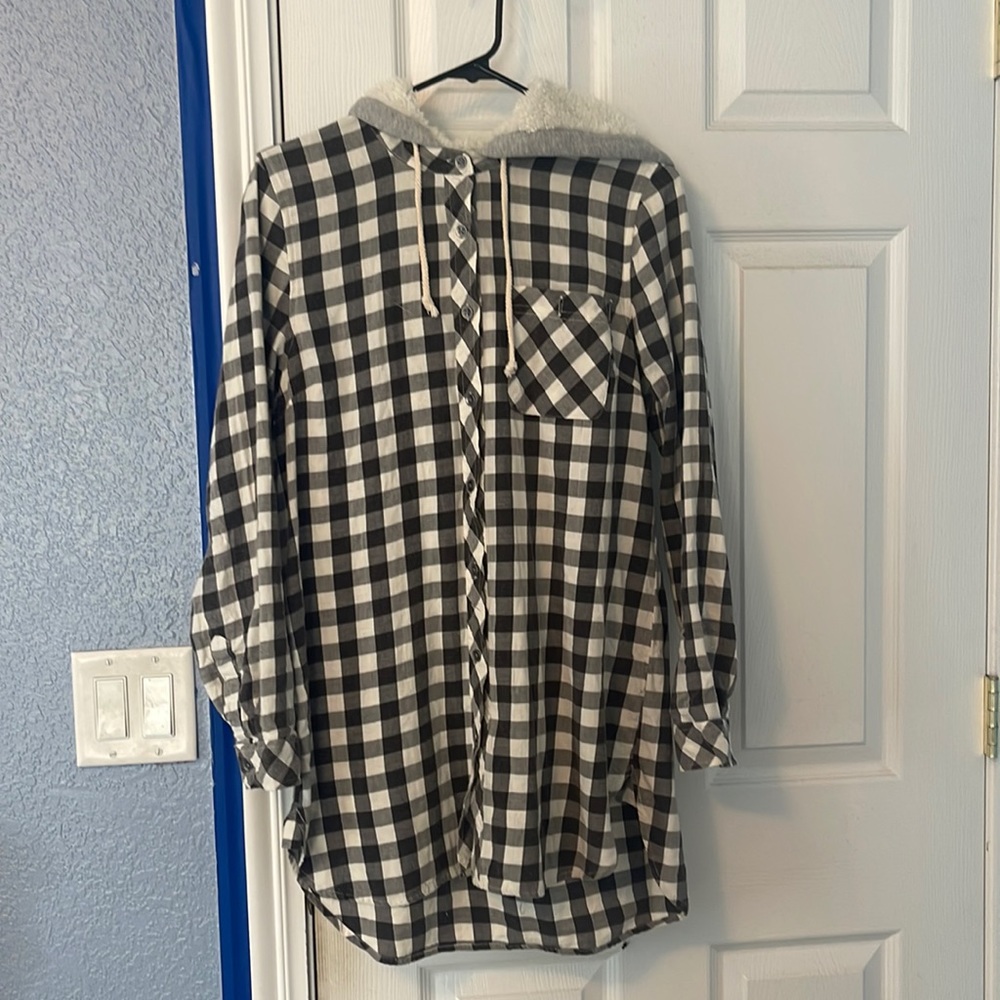 worn once gray and white button up with hood